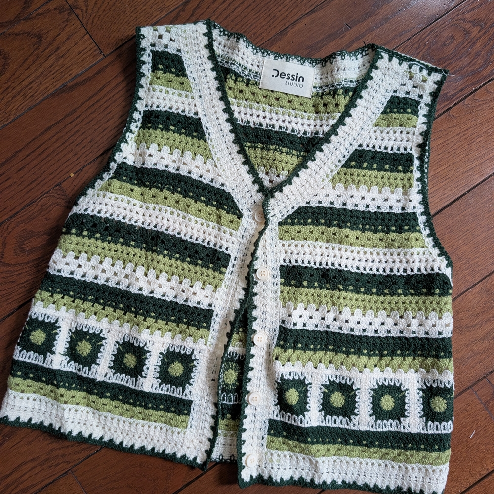 Green and White Crochet Vest
